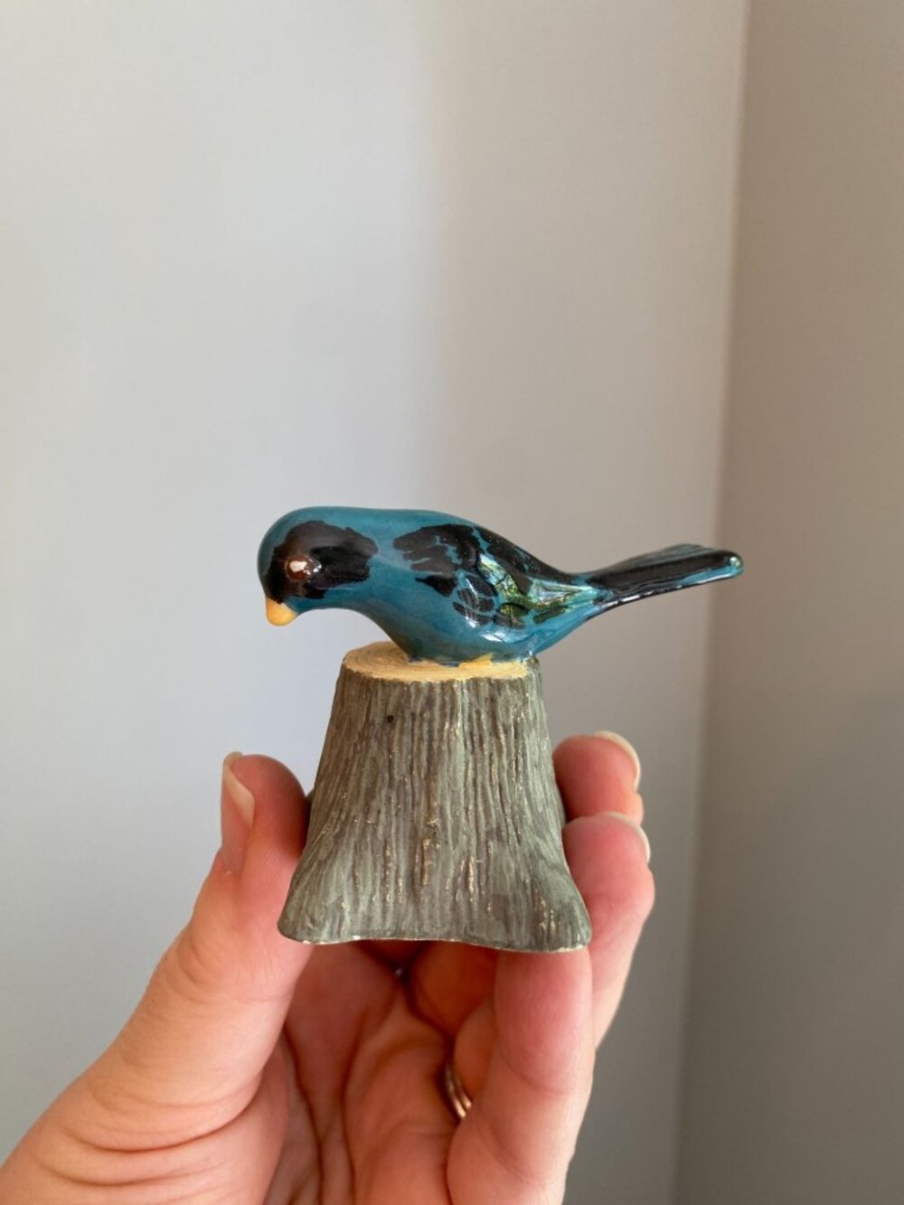 Hand-Painted Vintage Ceramic Bird Figurine Perched On Tree Stump Signed M.M. 61